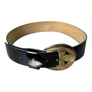 Vintage 80s Black Patent Belt With Gold Buckle Length 28 - 34”
